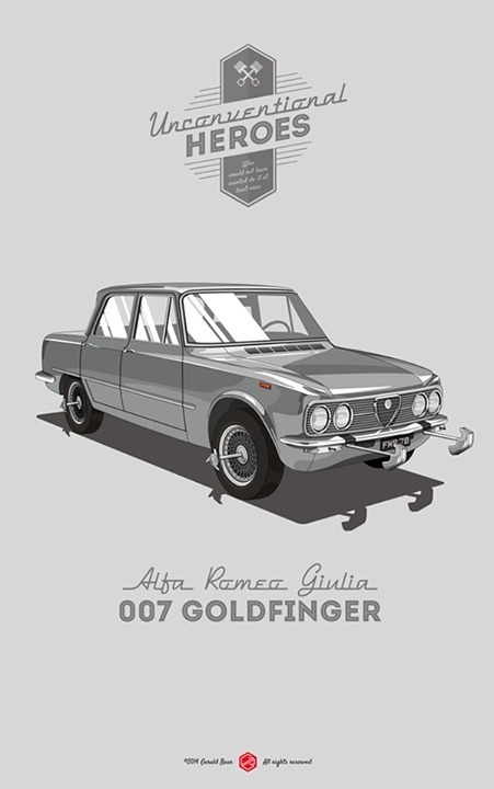 Martini, shaken not stirred. #unconventionalheroes #goldfinger #giulia #romeo #poster #alfa #007