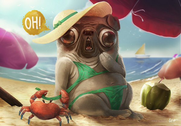 Pin up Pug by ~RodrigoICO on deviantART #design #illustration #holiday #beach #dog #sand #surprise #vacation #pug #paw