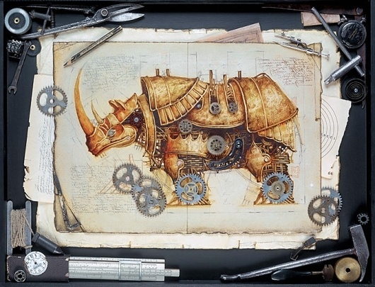 владимир гвоздев & gvozdariki #rhino #steampunk #mechanical #illustration #metal #gears #sketch