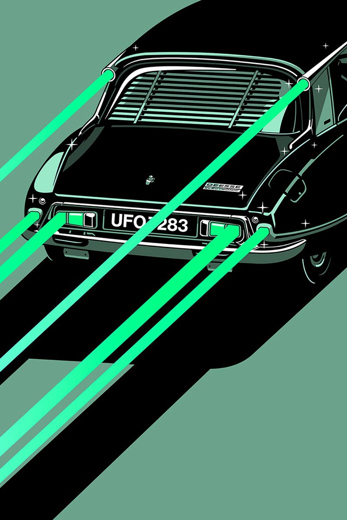 Gianmarco Magnani - D&eacute;esse Variant - Classic Space Car Poster #illustration #poster #scifi #citroen #ds #space #ufo #inspiration #graphic #design #retro #poster #typography #sans #serif #type #minimalist #layout #grid #1960 #1970 #black #white #simple #screen #print #creative #graphicdesign #gianmarco #magnani #cover #flat #flyer #geometric #silencetv