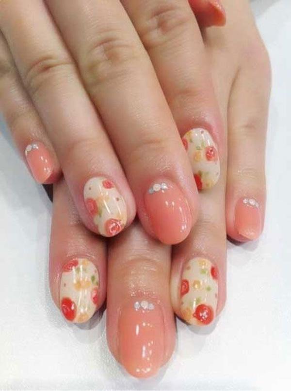 #Pink nude with diamante, and #vintage floral #Spring #nails