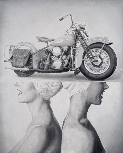 Dan Bina, America the Beautiful: V-Twins #found #bina #dan #women #painting #art #twins #canvas #motorcycle #oil