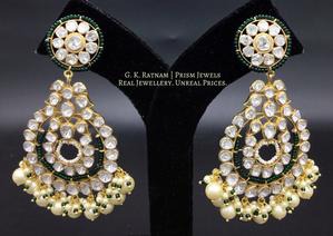 14k Gold and Diamond Polki Open Setting Chand Bali Earring pair with triple-coated shell pearls and a touch of dark green - gold diamond polki kundan meena jadau jewellery