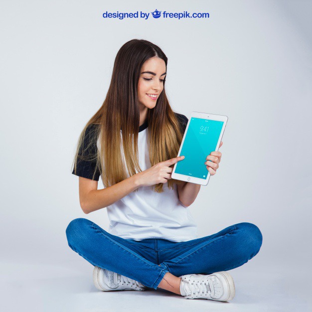 Sitting woman with tablet Free Psd. See more inspiration related to Mockup, Technology, Template, Woman, Girl, Smile, Happy, Mock up, Tablet, App, Screen, Female, Young, Good, Sitting, Device, Up, Holding, Stylish, Looking, Mock, Showing and Good looking on Freepik.