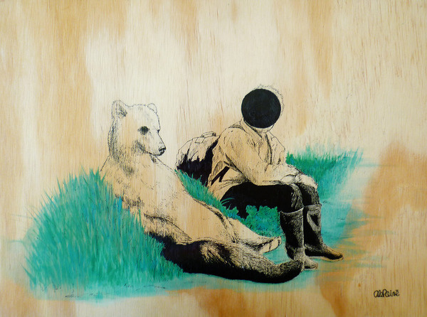 Bear and humanoid #circle #human #wood #ilustration #art #bear