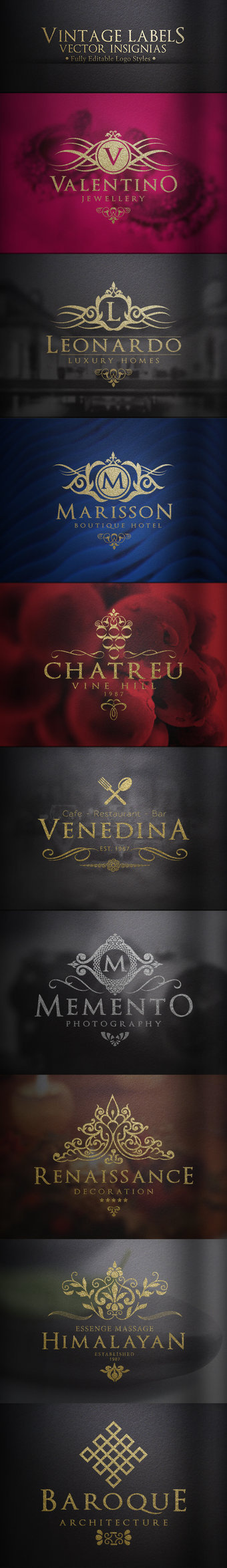Logos / Vintage Labels #branding #retro #crest #royal #furniture #hotel #heraldic #decorative #estate #king #crown #classy #restaurant #real #gold #calligraphy #flourish #classic #photography #elegant #fashion #elite #jewellery #insignia #ornament #nobality #resort #luxury