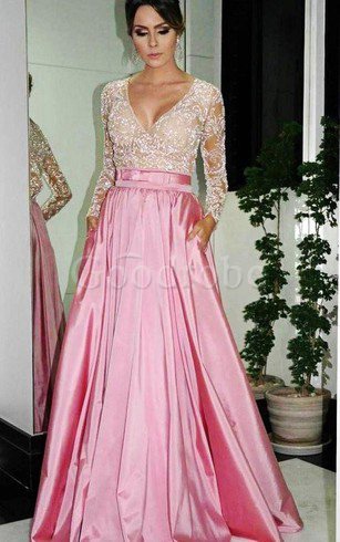 Robe de soirée romantique avec manche longue a-ligne avec perle en satin