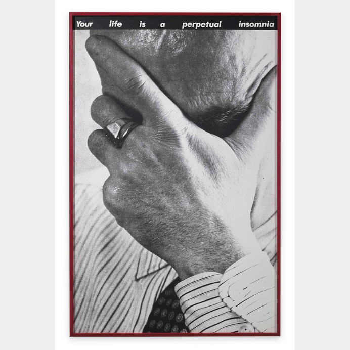 Barbara Kruger: Untitled (Your life is a perpetual insomnia) #palm #white #perpetual #black #vintage #and #face #hand #insomnia