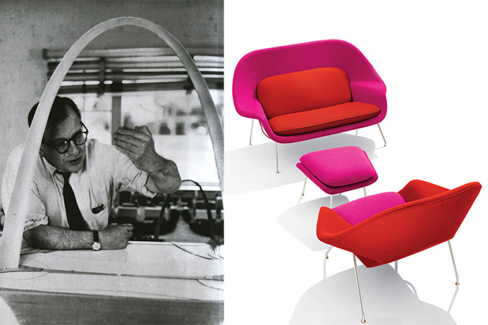 Eero Saarinen con la maqueta del Arco Gateway (San Luis, Missouri) y sillas Útero, Modelo Nº 70. Diseñada en 1947