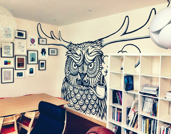 Angry owl stag doodle at Billies yesterday (http://www.bcl.co.uk) more to come v soon. T x #timminess #illustration #mural
