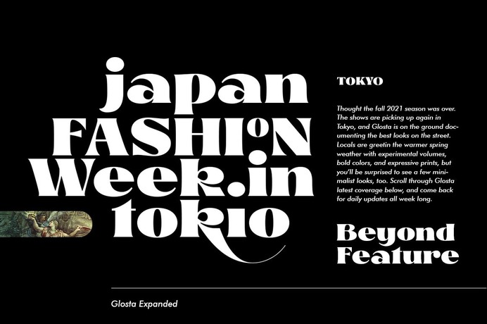 Glosta is a serif font that comes with a very beautiful change character that will bring a touch of luxury and style to your projects. Glosta is perfect for editorial design, branding, headings, logos, magazines and more.

Glosta has 650 glyphs and 290 alternate characters, including multiple language support. With OpenType features with an elegant alternative style.