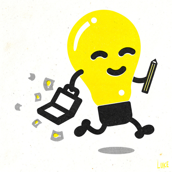 ideas salesman #bulb #happy #print #yellow #black #illustration #idea #lightbulb #pencil