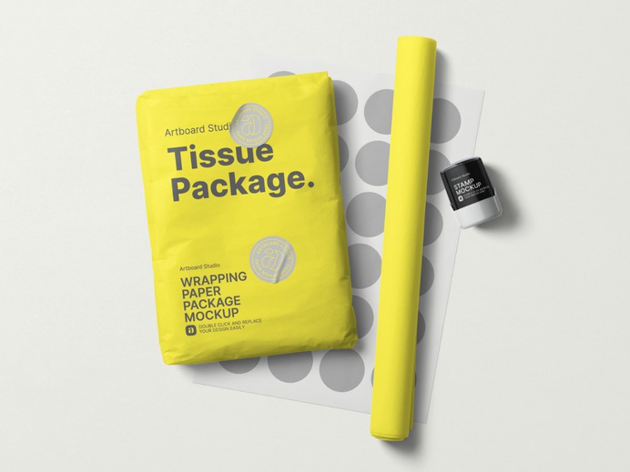Customize wrapping paper package mockup template. Place your tissue paper designs to the package and paper roll mockup items, change the stickers and move items around. Create your own wrapping tissue package mockup template. #mockup #package #packaging #logo #branding #wrapping #paper #tissue #gift #print