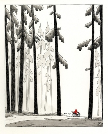 Drawn #fox #illustration #bike #forest #trees