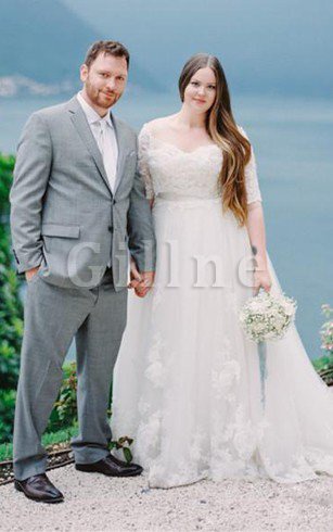 Abito da Sposa A-Line con Applique a Spiaggia con Piega con Mezze Maniche