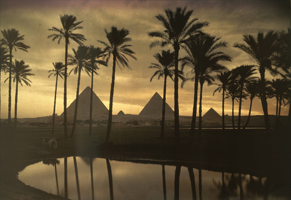 The three Pyramids of Giza are reflected in a pool of water, September 1926.Photograph by Jules Gervais Courtellemont, National Geographic #egypt #pyramids #nat #nature #photography #vintage #film #geo #giza