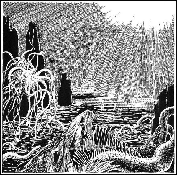 Virgil Finlay - 79 #sun #ink #cross #stippling #monsters #sea #hatching