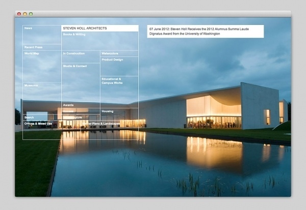 Permalink: http://mindsparklemag.com/?websites/2012/06/22/steven-holl-architects.html #design #website #webdesign #layout #web