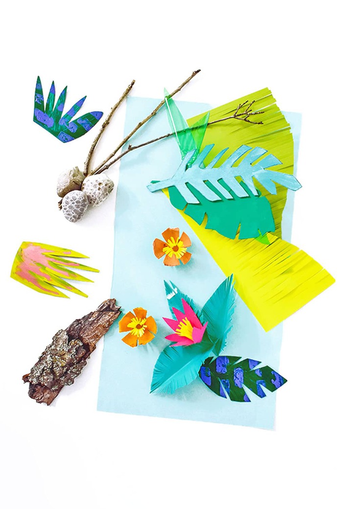Painted cardboard and cut paper foliage  for pretend play pet tank