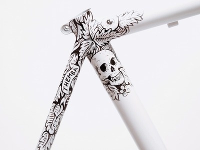 illustration, bicycle, frame, hand painted, spoon, black, skull, detail