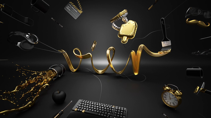 #illustration #CGI #vier #typography #animation #gold #black #keyboard #popsicle #balloon #four #4 #clock #hammer #headphone #moustache