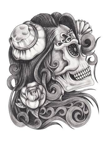 Art women skull day of the dead.Hand pencil drawing on paper. Stock Photo - 82363219