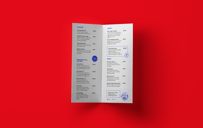 We were hired by a Toronto-based digital restaurant to create a brand identity, print and digital applications for their launch. The inspiration for the identity came from the story of the semi-historical Chinese monk, Budai, who allegedly lived in 10th century China. Photo of the take-out menu inside pages