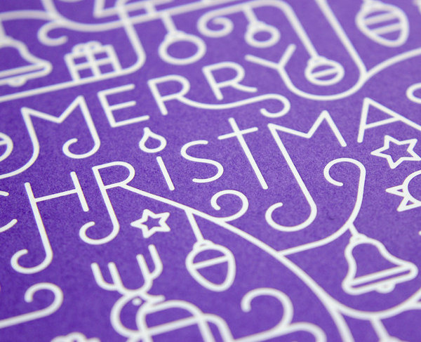 Illustrated Foil-blcoked Christmas Card #reindeer #line #white #card #illustrative #complex #blocked #christmas #snowman #illustration #merry #purple #bells #xmas #foil #greetings