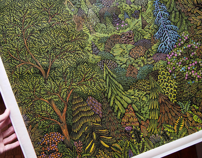 landscape, trees, green, mountain, woodcut, tugboat printshop, printshop