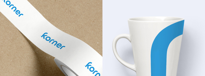 Korner logo wordmark on cup and tape