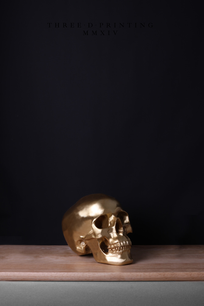 3D Printing, from Time Capsule (2014) Artist: Isabel Sierra y Gómez de León http://isabelsierraygomezdeleon.com/post/91656261513/timecapsu #composition #black #centered #wood #photography #art #gold #life #skull #still #shelf #technology