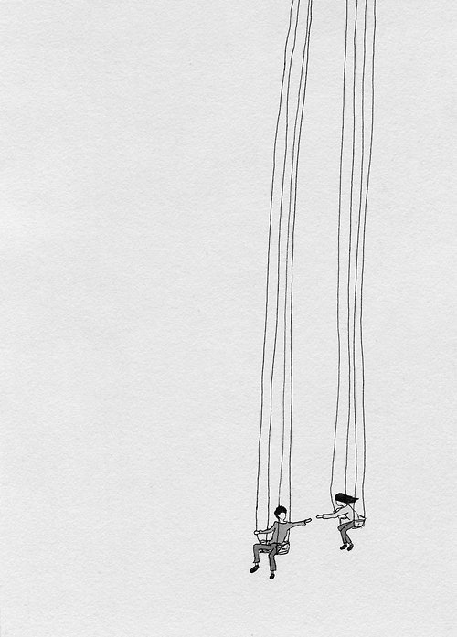 this isn't happiness™ - photo caption contains external link #couple #touch #rope #hang #tall #illustration #play #cute #swing #drawing #sketch