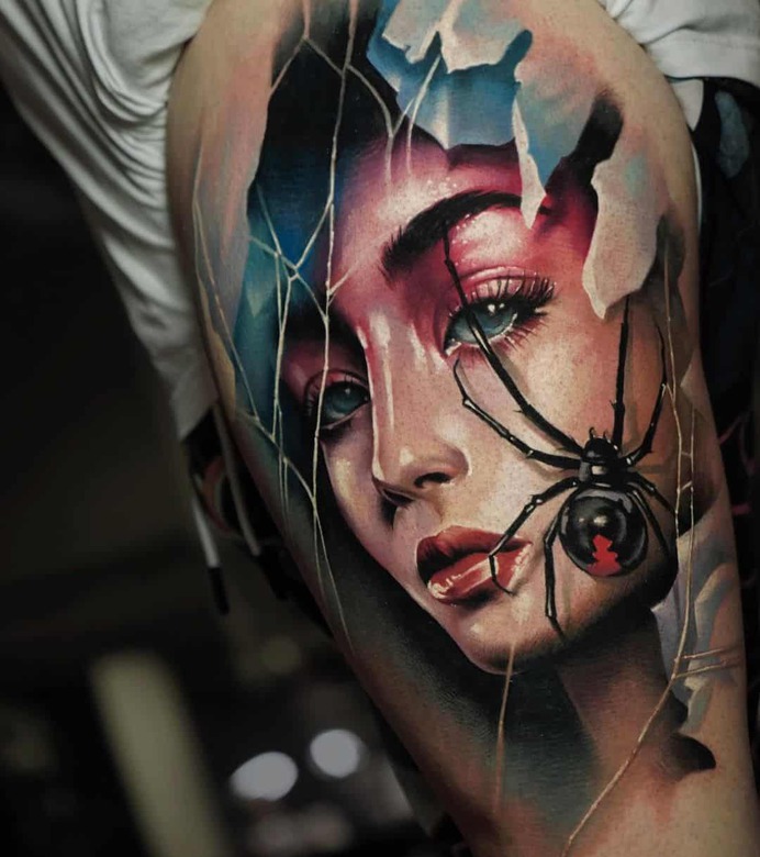 woman spider tattoo portrait