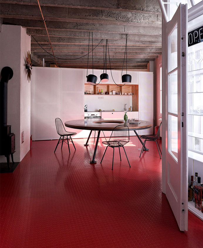 Bratislava Loft Apartment by Studio GutGut rubber red flooring kitchen #interior #dining #desifn #design #kitchen