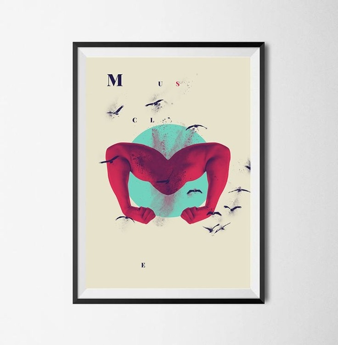 M u S c L e / / 0 2 Is a personal collage composition, mixing static and no static elements, as human arms, birds and geometric shapes, wo