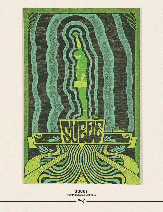 Puma Suede Forever Visual Timeline — 1960s — Psychedelic Art by Justin Helton #psychedelic #1960s #art #green #suede #olympics #tommysmi