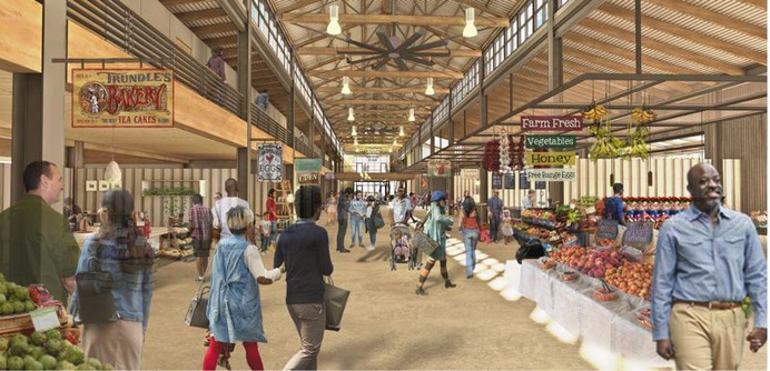 COUTESY: GRAHAM BABA ARCHITECTS - A rendering by the Seattle architecture firm Graham Baba, showing the public market building that will be built using some of the original timbers of the old marine Terminal 1. The firm has built similar markets in Wenatchee and Seattle.