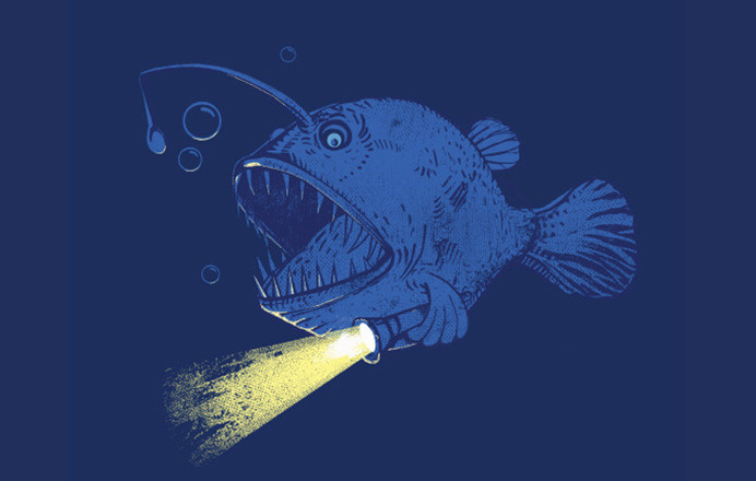 T-Shirt Design Illustration - yamini #bulb #fish #design #flashlight #angler #illustration #deep #art #blue #scary