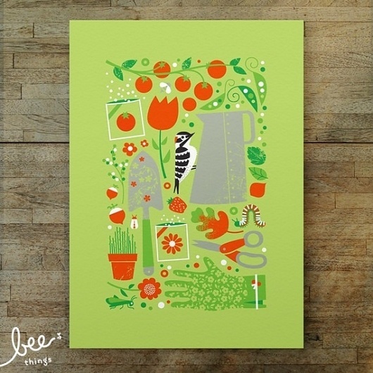 garden woodpecker limited edition print by beethings on Etsy #scissors #peas #seeds #woodpecker #garden #gloves #minimalist #tomatoes #green