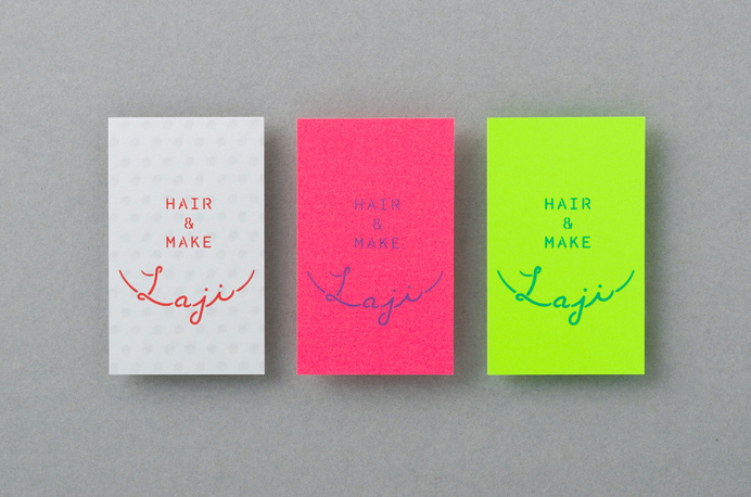 Business card design idea #436: Laji Hair & Make logotype and neon paper business cards designed by UMA #branding