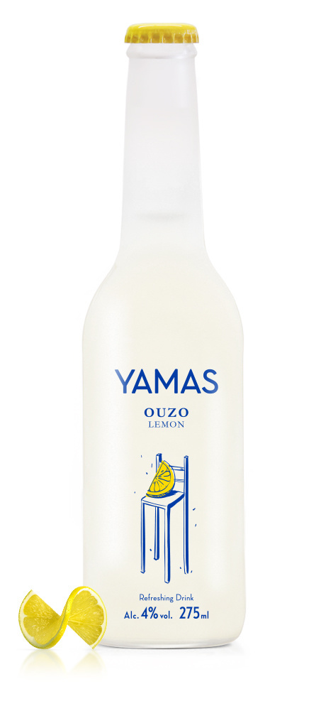 Yamas Drink - Ouzo Lemon #yamas #greek #drink #packaging #label #silkscreen #illustration #surreal #sandblast #citrus #ouzo