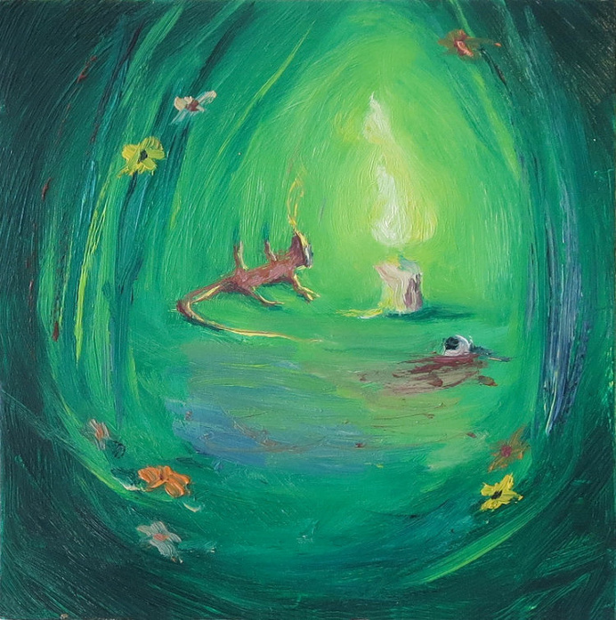 Soft-boiled Prayer , oil on canvas, 4 x 4 inches, 2016