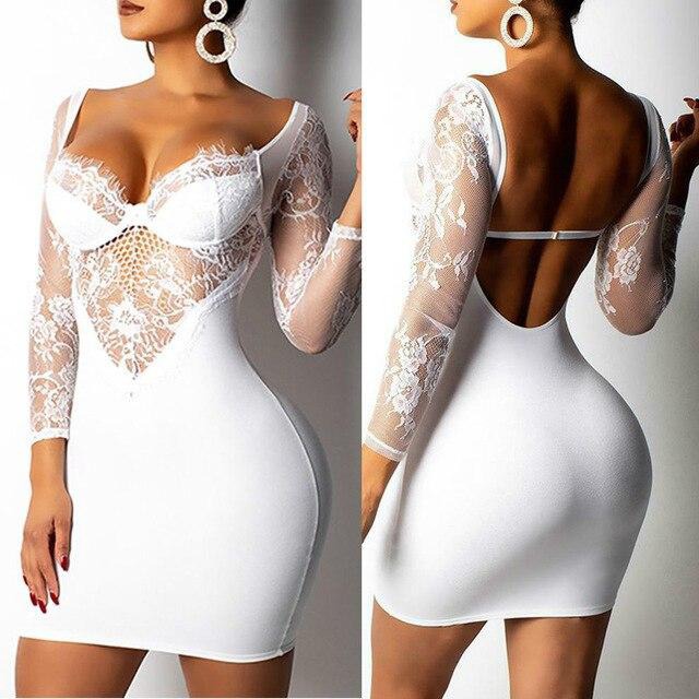 Lace Sexy Dresses 2020 Women Short Hollow Out Club Dress 2020 Deep V Neck Prom Dress