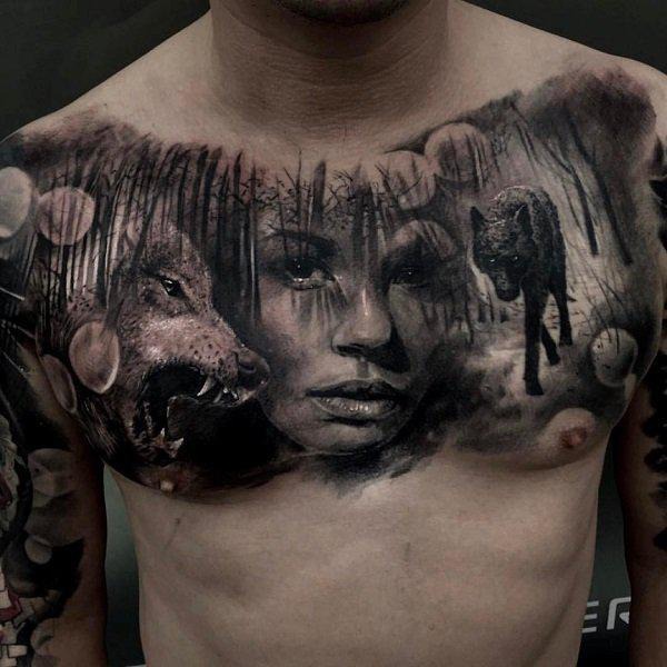 #Realistic Wolf and women portrait #chest #tattoo