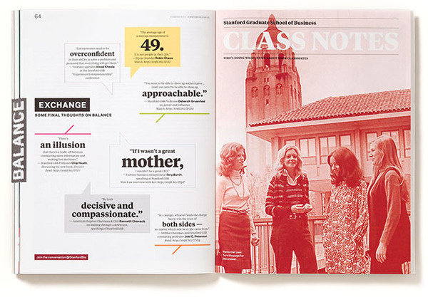 'Exchange,' left, compiles quotes from alumni and professors related to the issue them. The 'Class Notes' section opener, right, feature #section #right #opener #issue #feature #professors #quotes #exchange #left #alumni #class #notes #compiles #related
