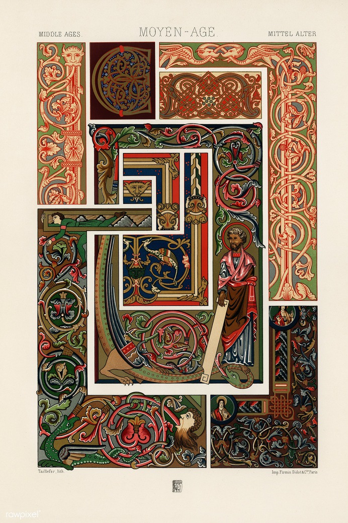 Medieval pattern from L'ornement Polychrome (1888) by Albert Racinet (1825–1893). Digitally enhanced from our own...