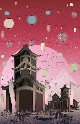"Places to remember" #Japan #illustration #lanterns #Fuji #scene #art #decor