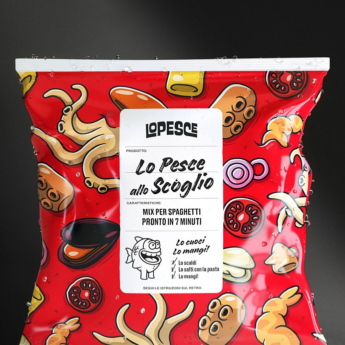Lo Pesce Branding & Packaging - Mindsparkle Mag Lo Pesce, the main brand of Xilo Trade, breaks the mold of the communication of frozen food in Italy thanks to a funny visual identity, a bright palette and a packaging system which stands out in the refrigerator aisle of the grocery store. #logo #packaging #identity #branding #design #color #photography #graphic #design #gallery #blog #project #mindsparkle #mag #beautiful #portfolio #designer