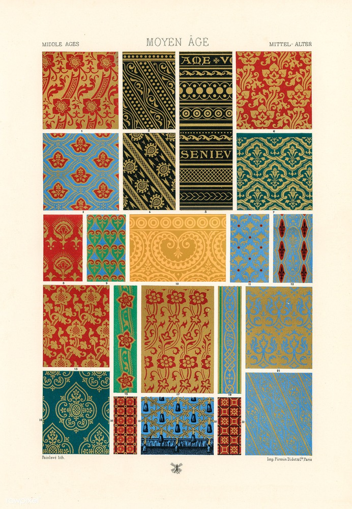 Middle-Ages pattern from L'ornement Polychrome (1888) by Albert Racinet (1825–1893). Digitally enhanced from our...