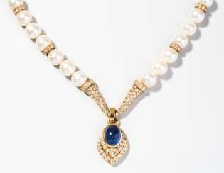 Sapphire And Diamond Culture Pearl Necklace